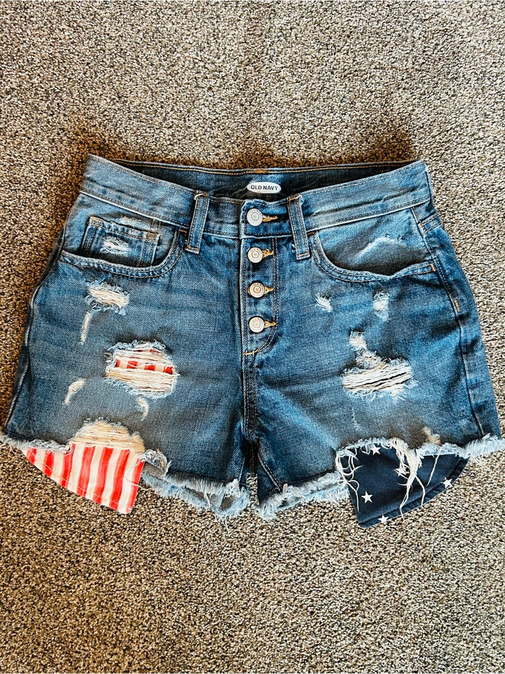 Old Navy Distressed Denim Shorts with Patriotic Patch Accents